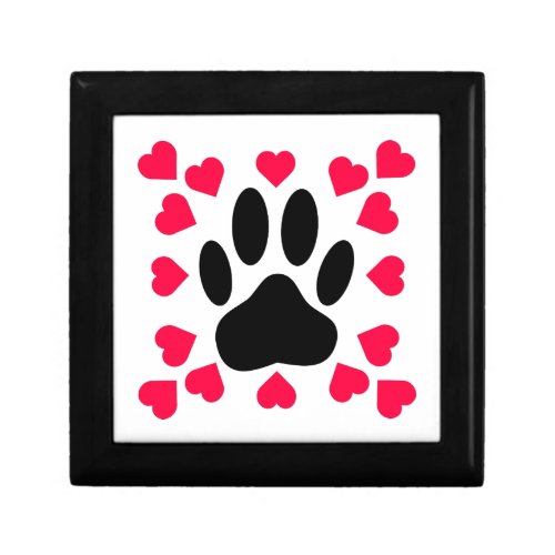 Black Dog Paw Print With Heart Shapes Keepsake Box