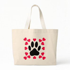 Black Dog Paw Print With Heart Shapes Large Tote Bag