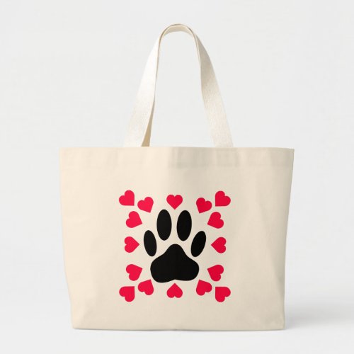 Black Dog Paw Print With Heart Shapes Large Tote Bag