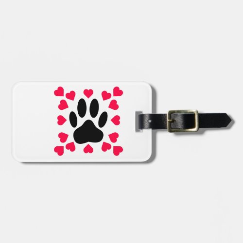 Black Dog Paw Print With Heart Shapes Luggage Tag