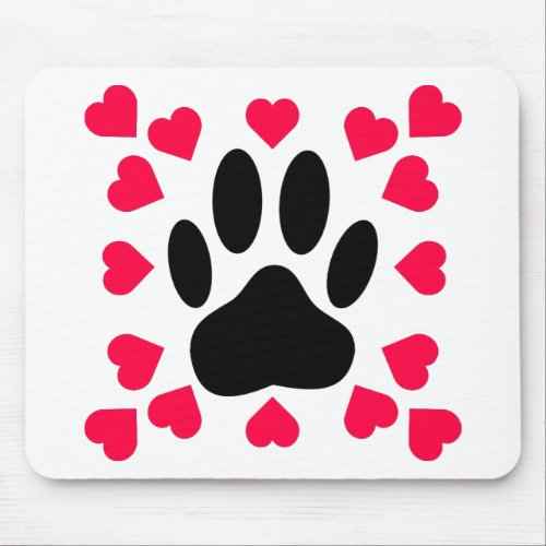 Black Dog Paw Print With Heart Shapes Mouse Pad