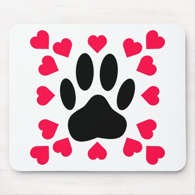 Black Dog Paw Print With Heart Shapes Mouse Pad (Front)
