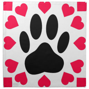 Black Dog Paw Print With Heart Shapes Napkin