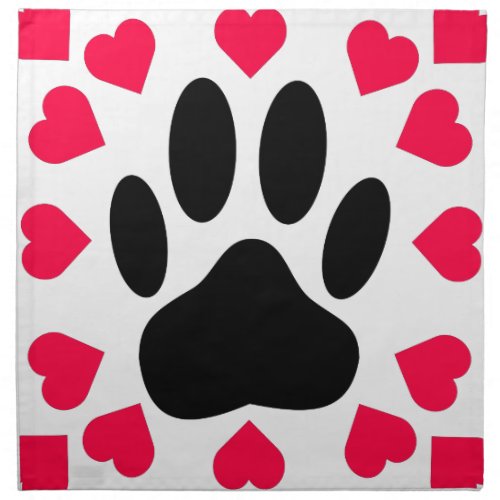 Black Dog Paw Print With Heart Shapes Napkin