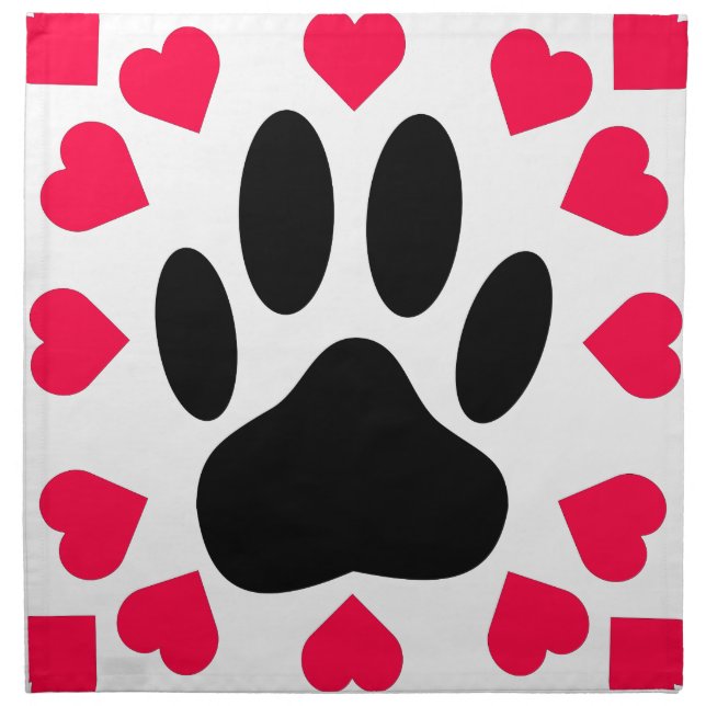 Black Dog Paw Print With Heart Shapes Napkin (Front)