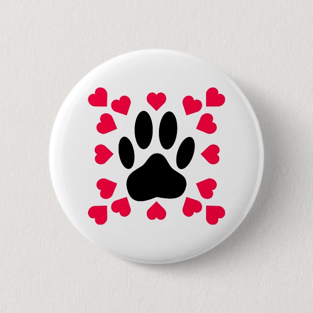 Black Dog Paw Print With Heart Shapes Pinback Button (Front)