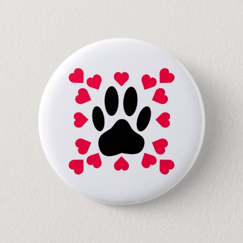 Black Dog Paw Print With Heart Shapes Pinback Button