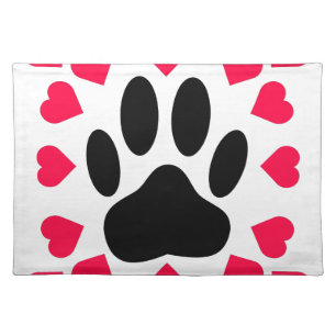 Black Dog Paw Print With Heart Shapes Placemat