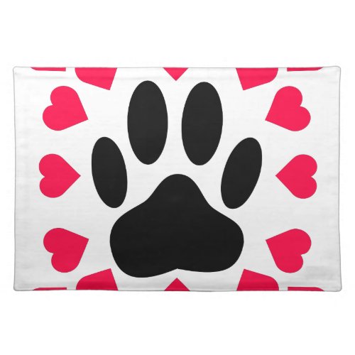 Black Dog Paw Print With Heart Shapes Placemat