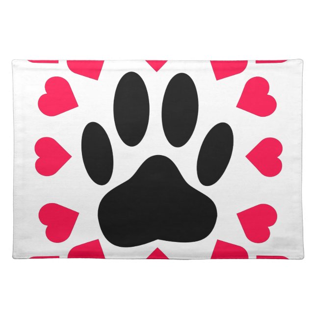 Black Dog Paw Print With Heart Shapes Placemat (Front)