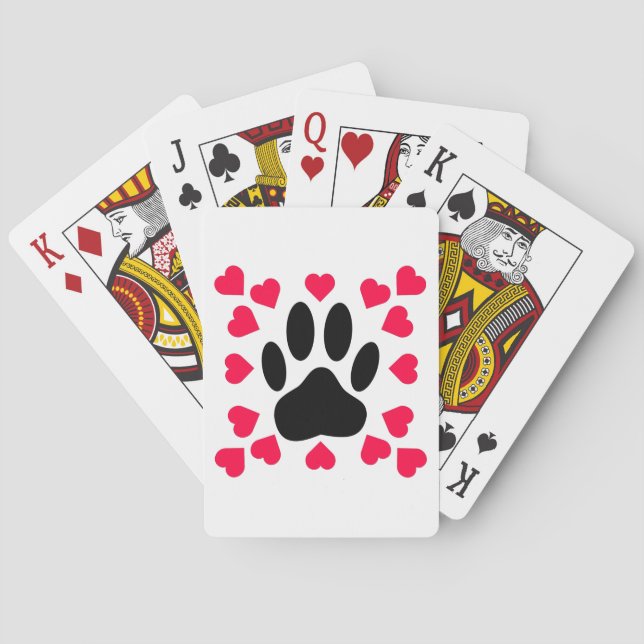 Black Dog Paw Print With Heart Shapes Poker Cards (Back)