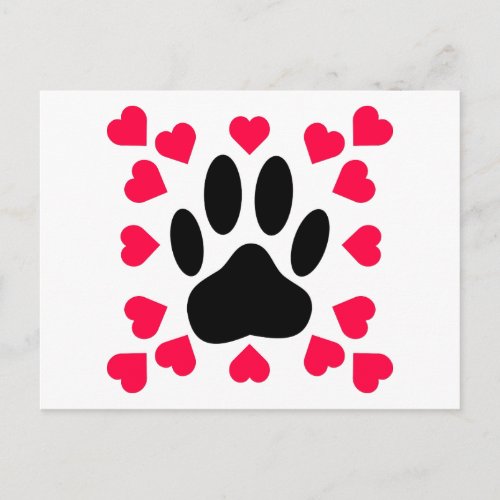 Black Dog Paw Print With Heart Shapes Postcard