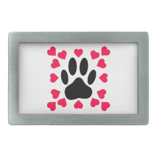 Black Dog Paw Print With Heart Shapes Rectangular Belt Buckle