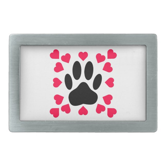 Black Dog Paw Print With Heart Shapes Rectangular Belt Buckle (Front)