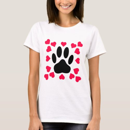 Black Dog Paw Print With Heart Shapes T_Shirt