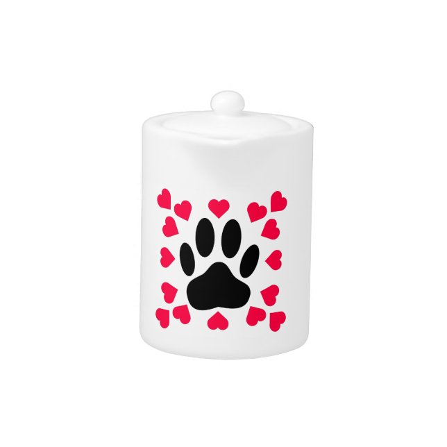 Black Dog Paw Print With Heart Shapes Teapot (Front)