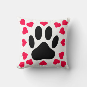 Black Dog Paw Print With Heart Shapes Throw Pillow