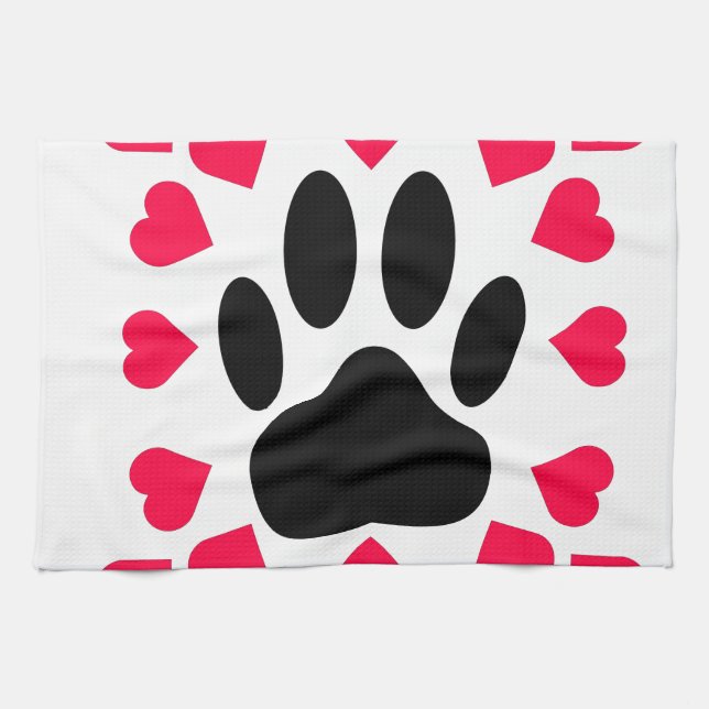 Black Dog Paw Print With Heart Shapes Towel (Horizontal)