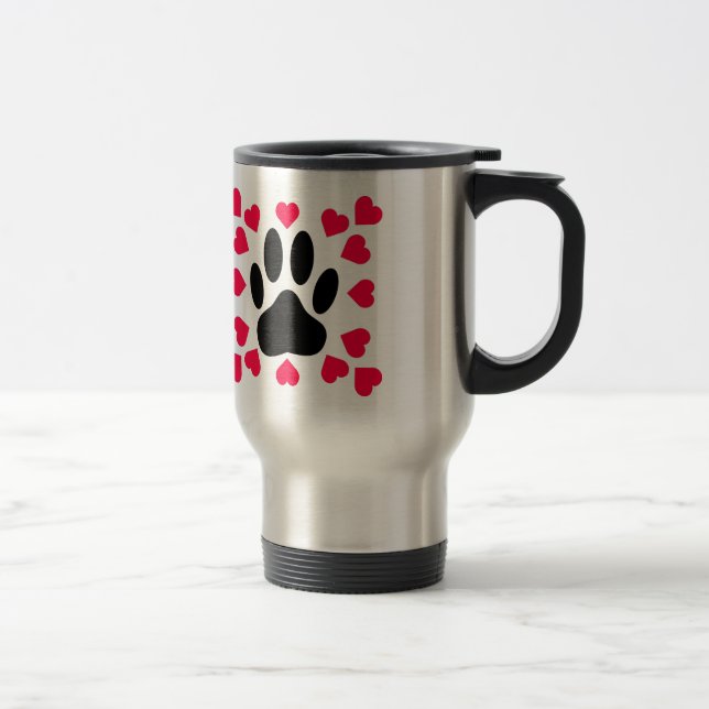 Black Dog Paw Print With Heart Shapes Travel Mug (Right)