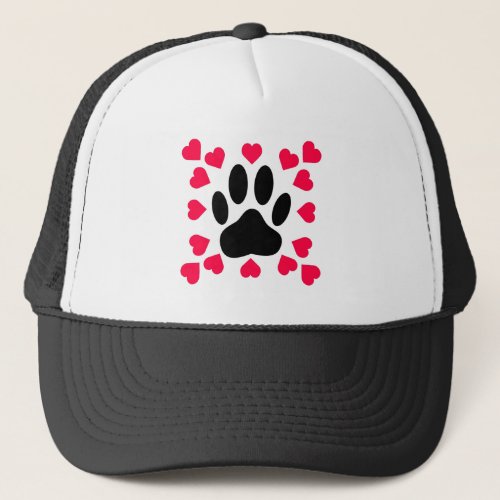 Black Dog Paw Print With Heart Shapes Trucker Hat