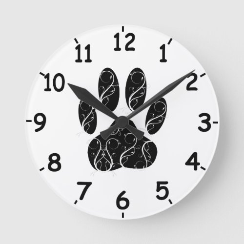 Black Dog Paw Print With White Flourishes and Dial Round Clock