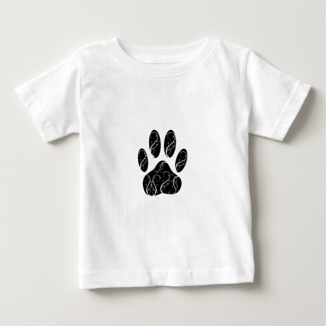 Black Dog Paw Print With White Flourishes Baby T-Shirt (Front)
