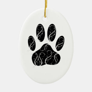Black Dog Paw Print With White Flourishes Ceramic Ornament