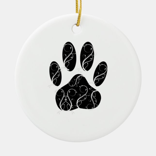 Black Dog Paw Print With White Flourishes Ceramic Ornament (Front)