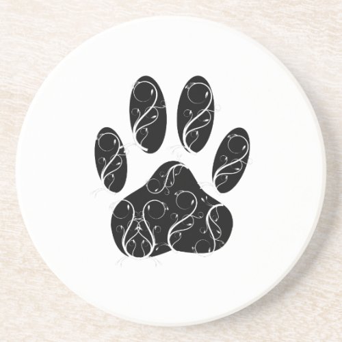 Black Dog Paw Print With White Flourishes Coaster