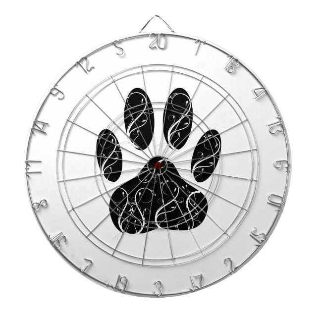 Black Dog Paw Print With White Flourishes Dartboard (Front)