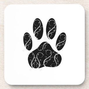 Black Dog Paw Print With White Flourishes Drink Coaster