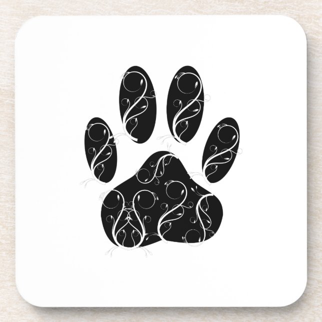 Black Dog Paw Print With White Flourishes Drink Coaster (Front)