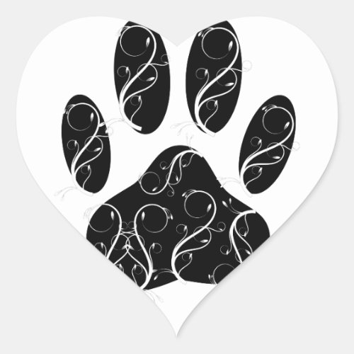 Black Dog Paw Print With White Flourishes Heart Sticker