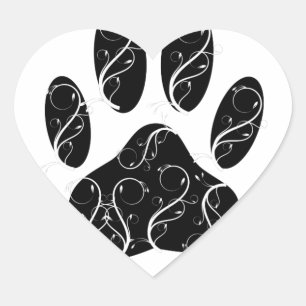 Black Dog Paw Print With White Flourishes Heart Sticker