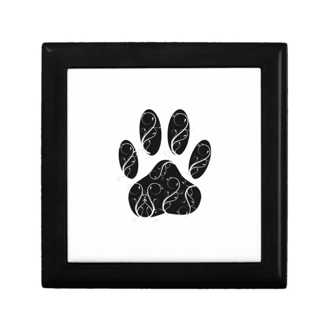 Black Dog Paw Print With White Flourishes Jewelry Box (Front)
