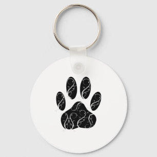Black Dog Paw Print With White Flourishes Keychain