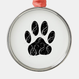 Black Dog Paw Print With White Flourishes Metal Ornament