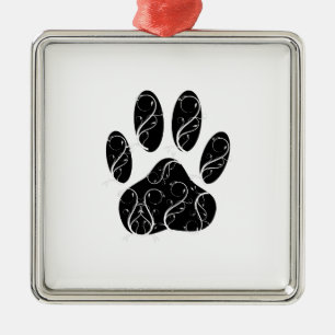 Black Dog Paw Print With White Flourishes Metal Ornament