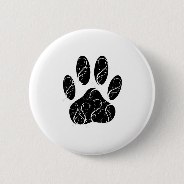 Black Dog Paw Print With White Flourishes Pinback Button (Front)
