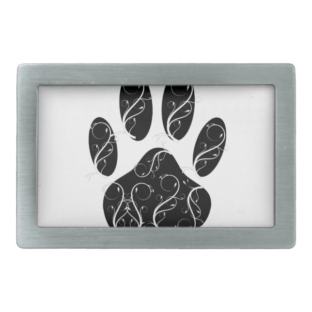 Black Dog Paw Print With White Flourishes Rectangular Belt Buckle (Front)