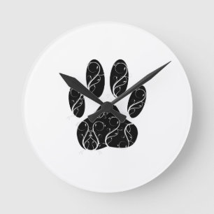 Black Dog Paw Print With White Flourishes Round Clock