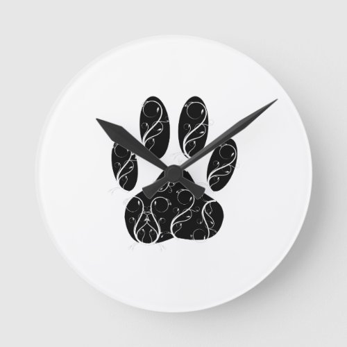 Black Dog Paw Print With White Flourishes Round Clock