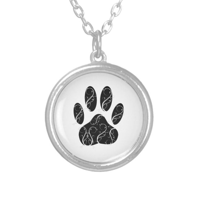 Black Dog Paw Print With White Flourishes Silver Plated Necklace (Front)