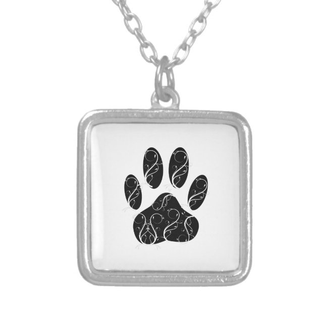 Black Dog Paw Print With White Flourishes Silver Plated Necklace (Front)