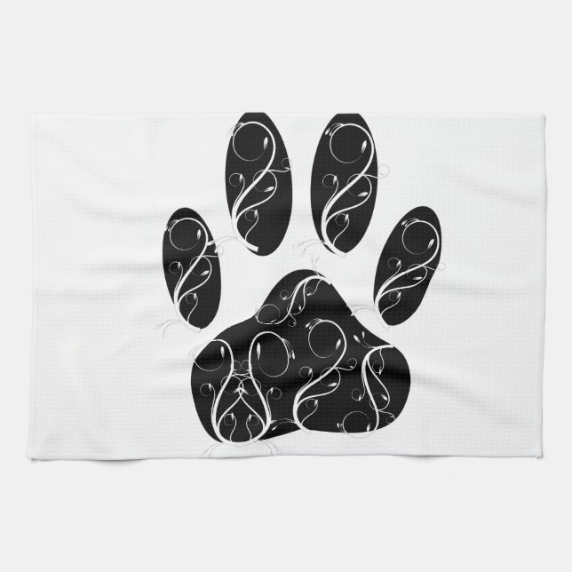 Black Dog Paw Print With White Flourishes Towel (Horizontal)