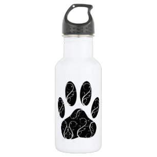Black Dog Paw Print With White Flourishes Water Bottle