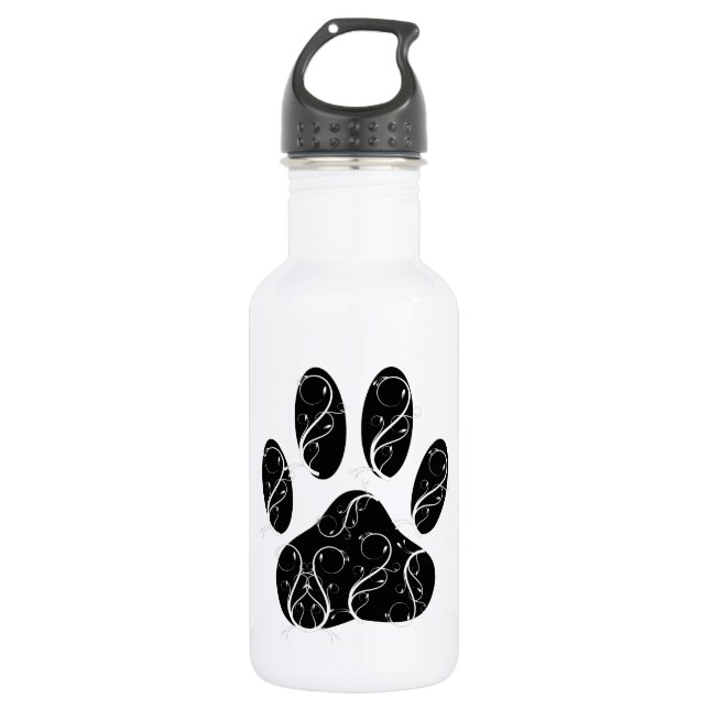 Black Dog Paw Print With White Flourishes Water Bottle (Front)