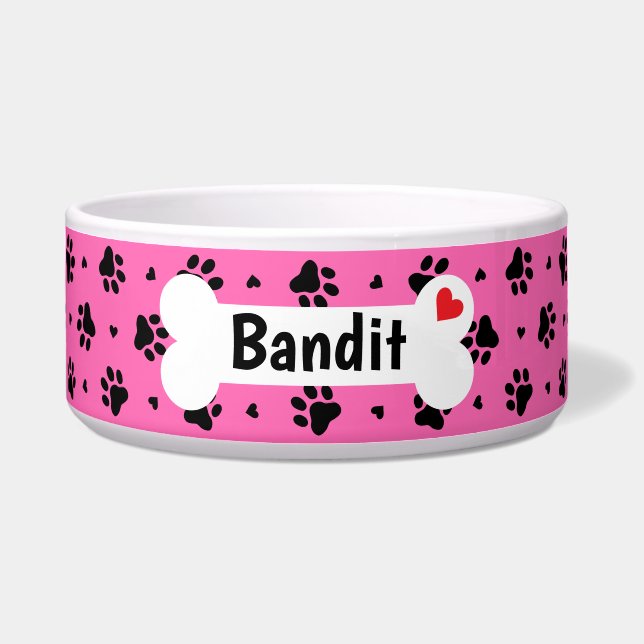 Black Dog Paw Prints and Hearts Pattern Bowl (Front)