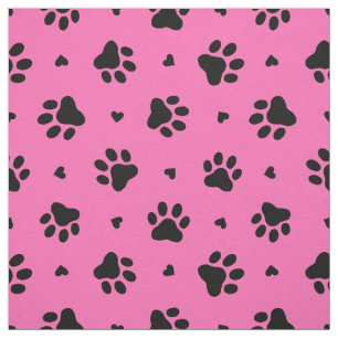 Black Dog Paw Prints and Hearts Pattern Fabric
