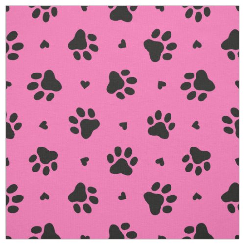Black Dog Paw Prints and Hearts Pattern Fabric